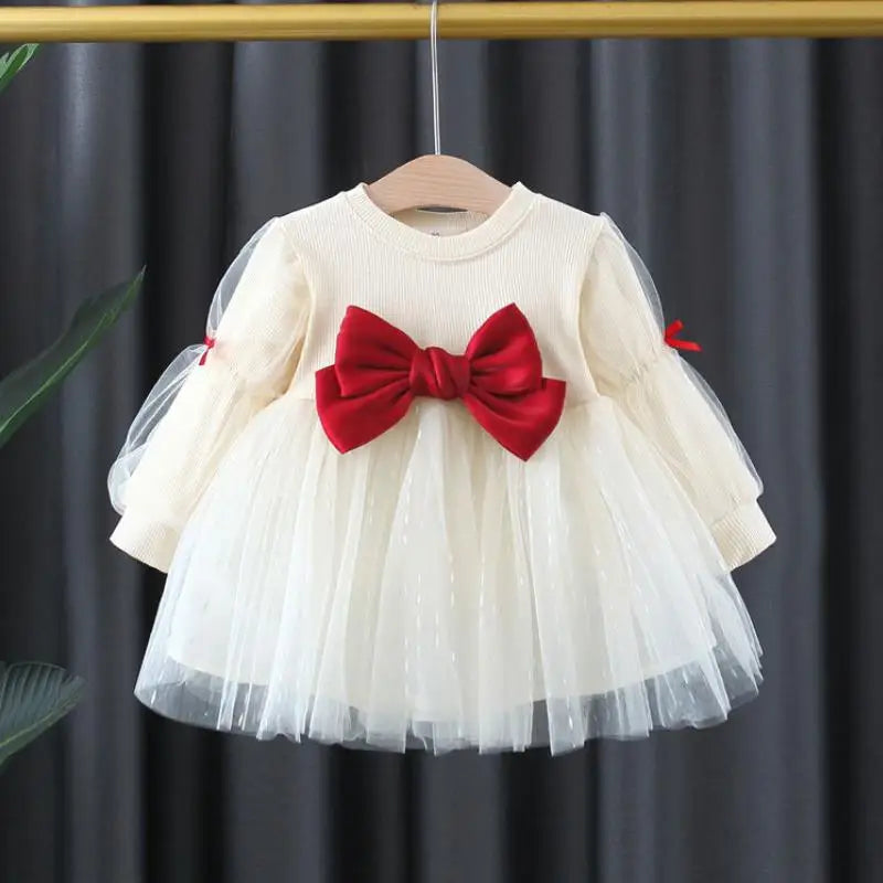 Girls' Long-Sleeved Bow Design Birthday Party Dresses childrensterritory