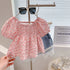 Korean Style Square Collar Little Girls Floral Pleated Tops childrensterritory