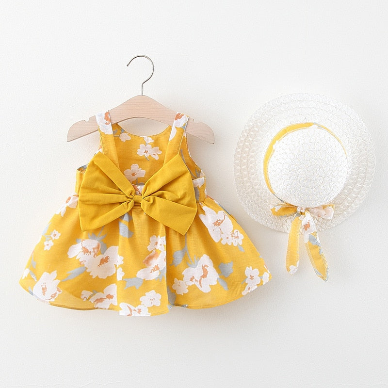 Baby Girl Floral Big Bow Designed Summer Dresses + Sunhat childrensterritory