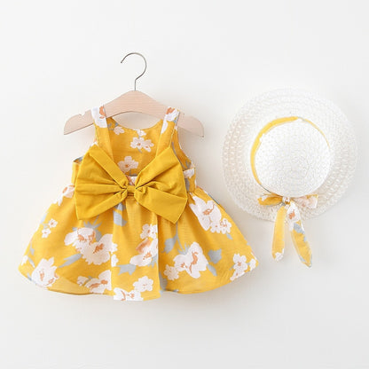 Baby Girl Floral Big Bow Designed Summer Dresses + Sunhat childrensterritory