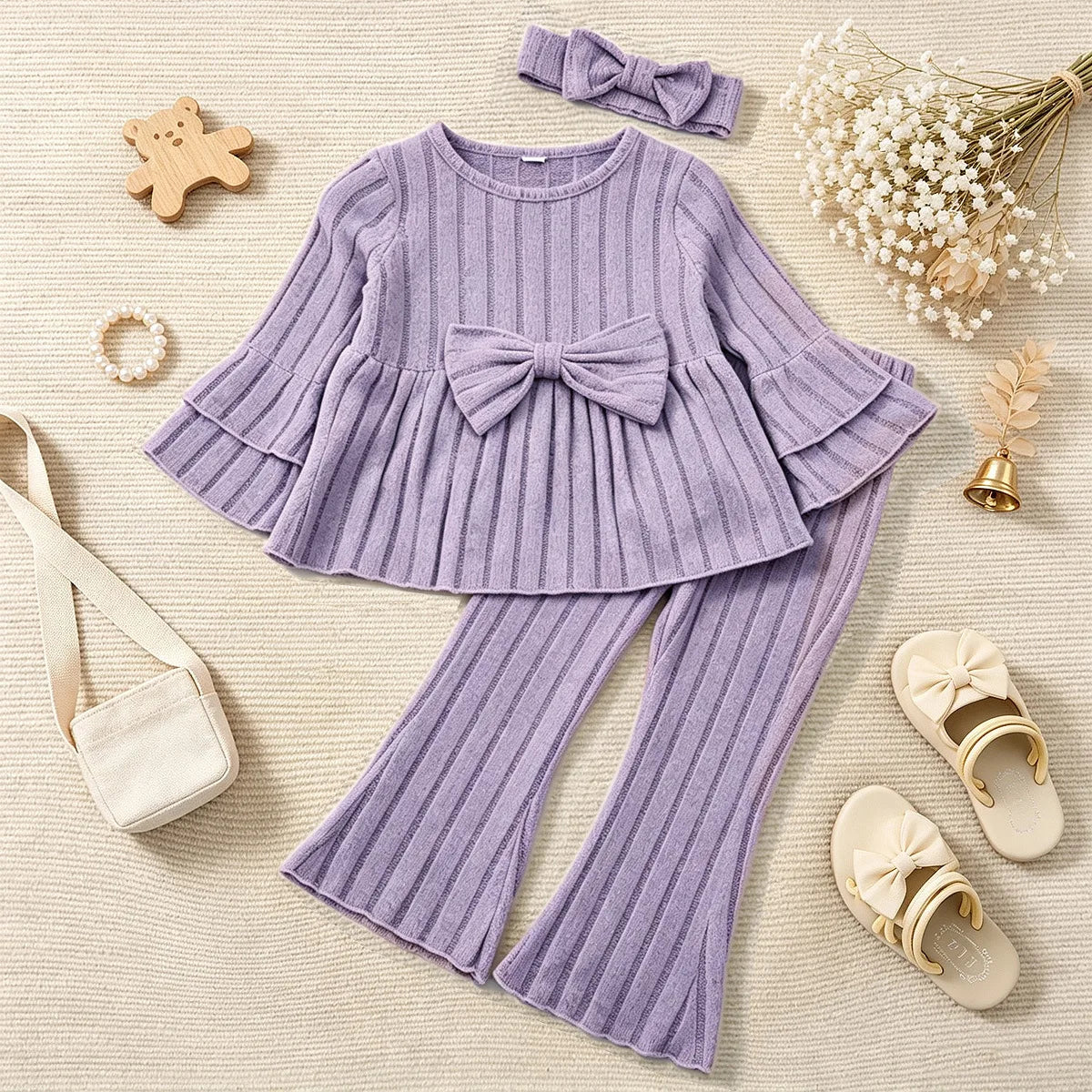 Little Girls Pleated Hem Top  and Pants Set with Bow Decoration