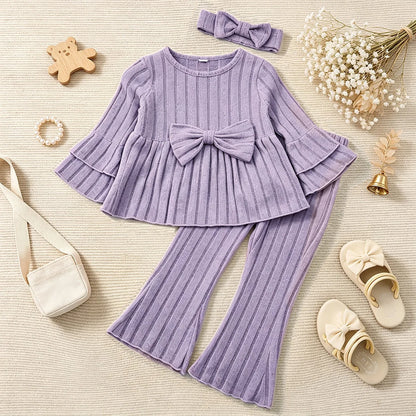 Little Girls Pleated Hem Top  and Pants Set with Bow Decoration