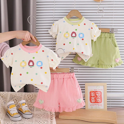 Kids Girls Cartoon Animals Design Cotton Tops + Pants Clothes Set