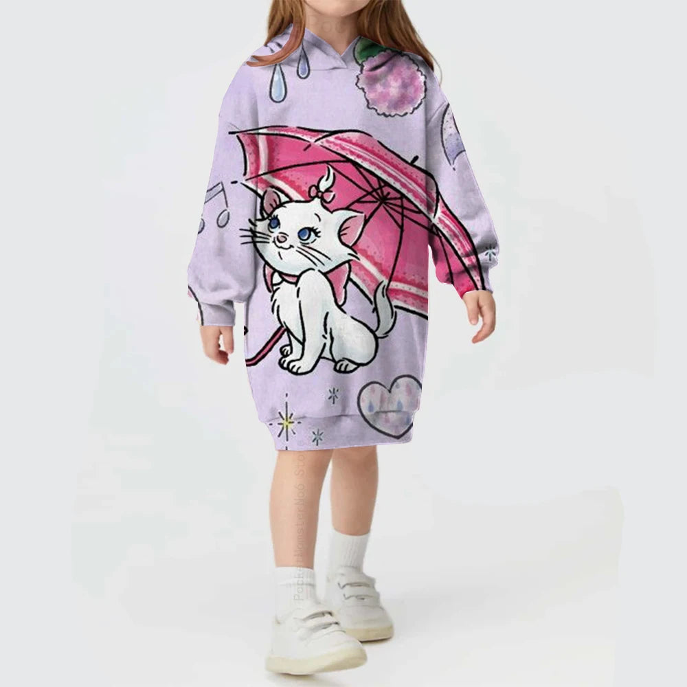 Kids Girls Cute Cat Print Casual Hoodie Dresses