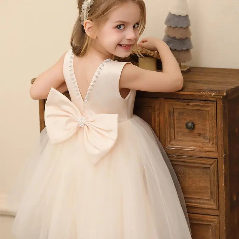 Kids Girls Solid Color Pearl Bow Design Fluffy Princess Dresses childrensterritory