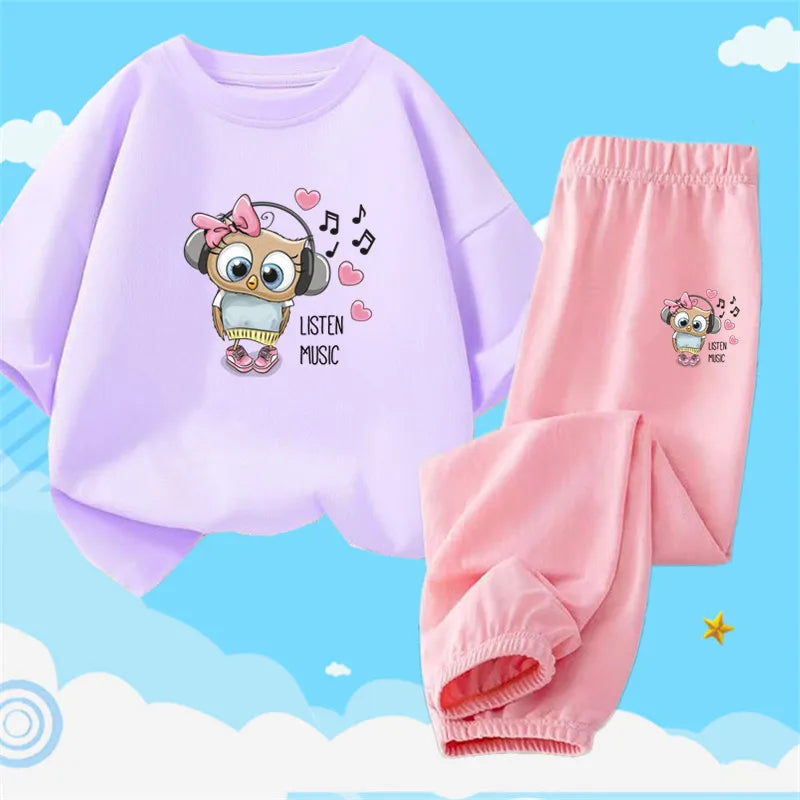 2pcs Kids Girls Cute Cartoon Print T-shirts + Pants Summer Outfit childrensterritory