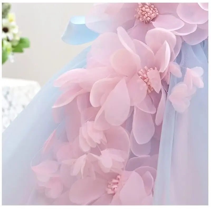 Girl Mesh Puffed Flower Design Light Color Birthday Dress