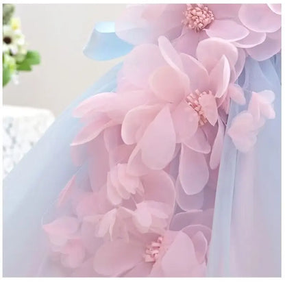 Girl Mesh Puffed Flower Design Light Color Birthday Dress