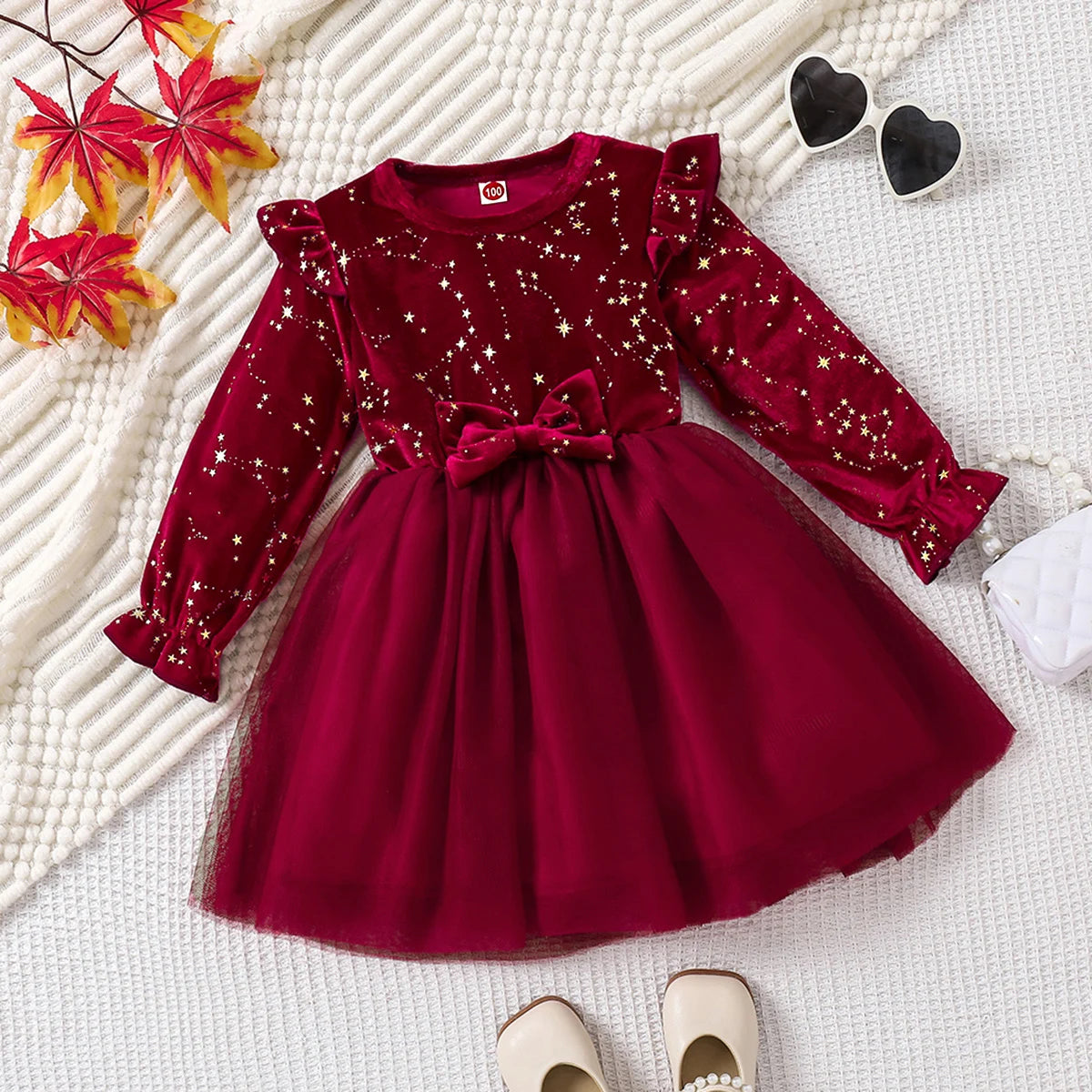 Girls' Long-Sleeved Bow Design Party Dresses