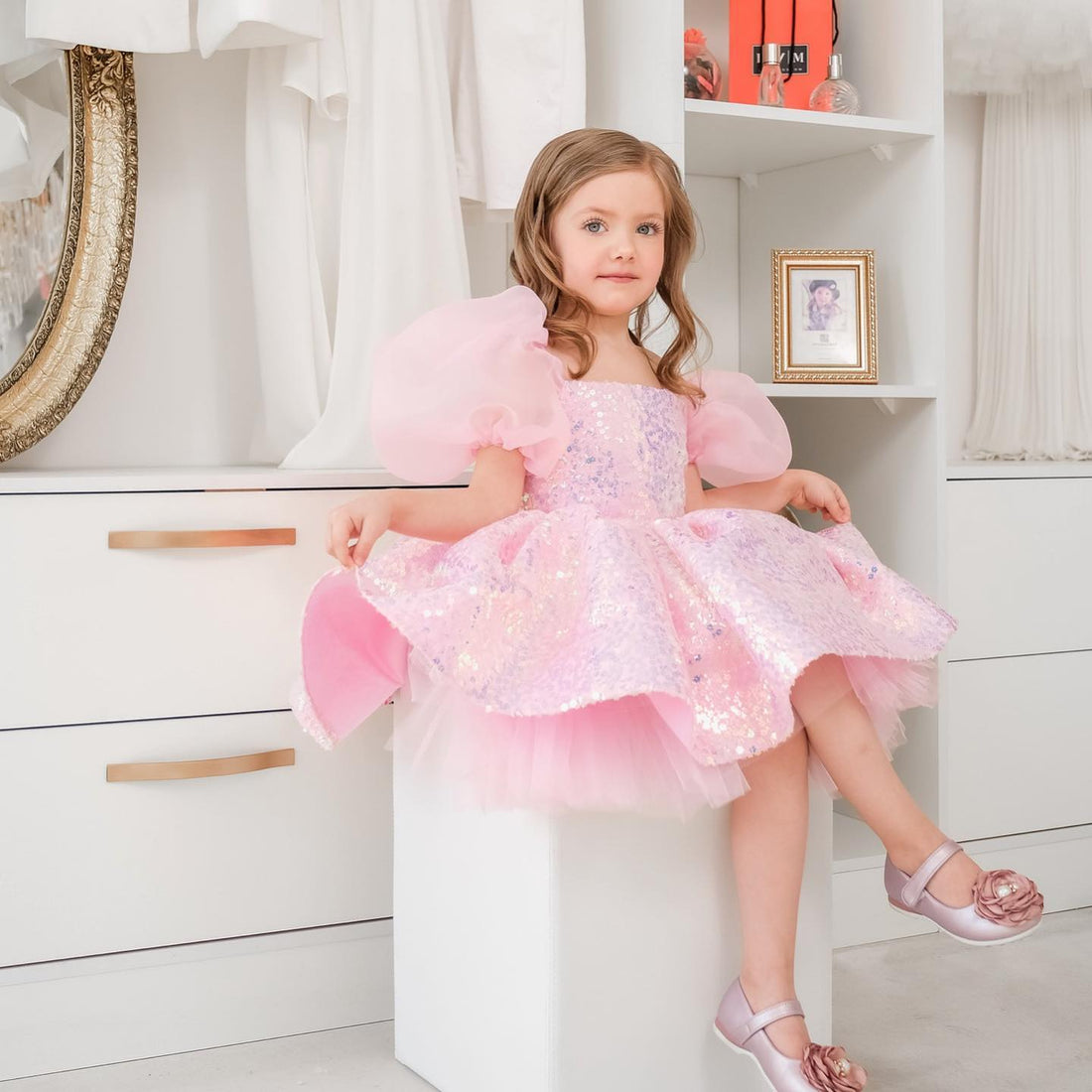 Shiny Handmade Flower Girl Party Dress with Puff Sleeves childrensterritory