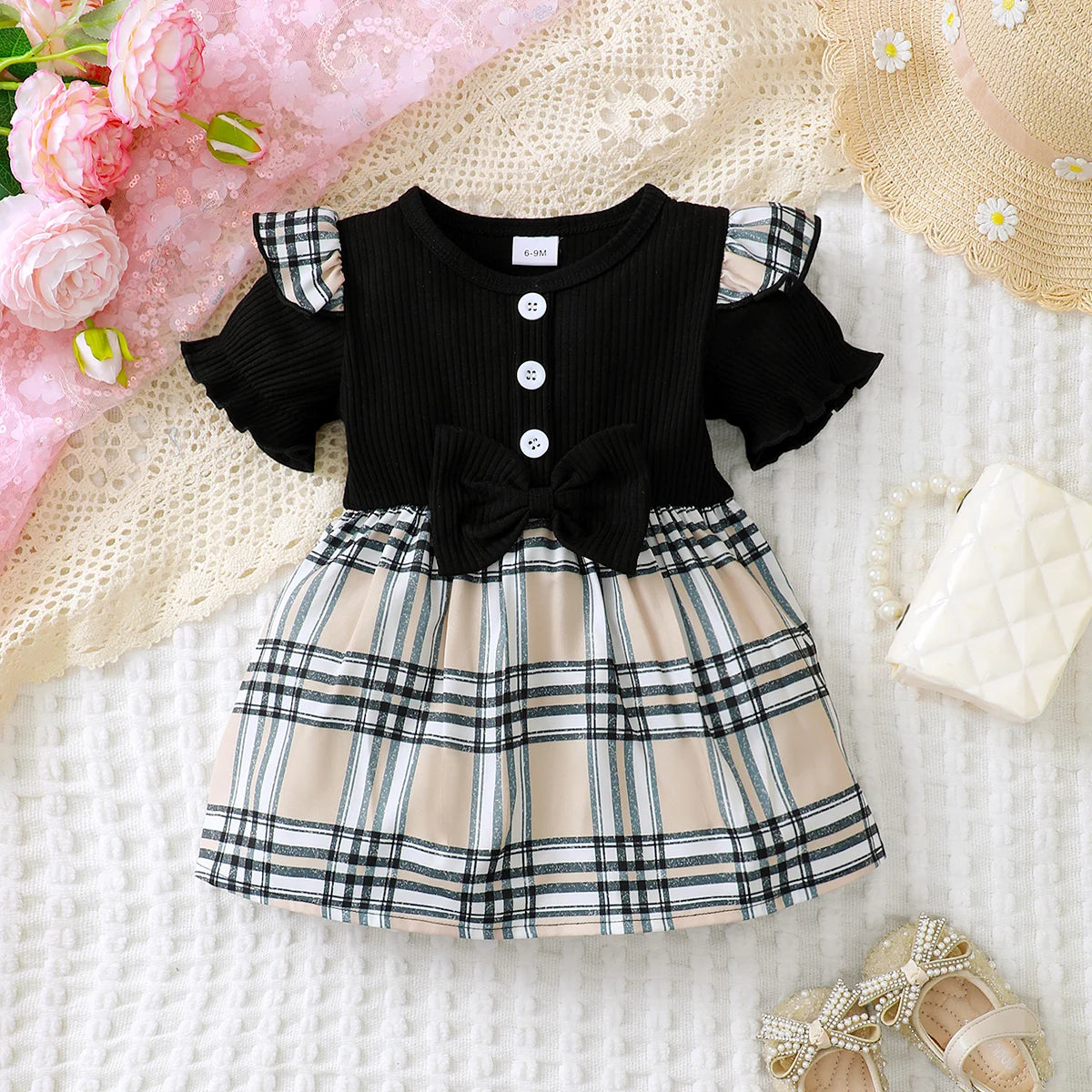 Newborn Girl Checkered Print Bow Dress for Summer
