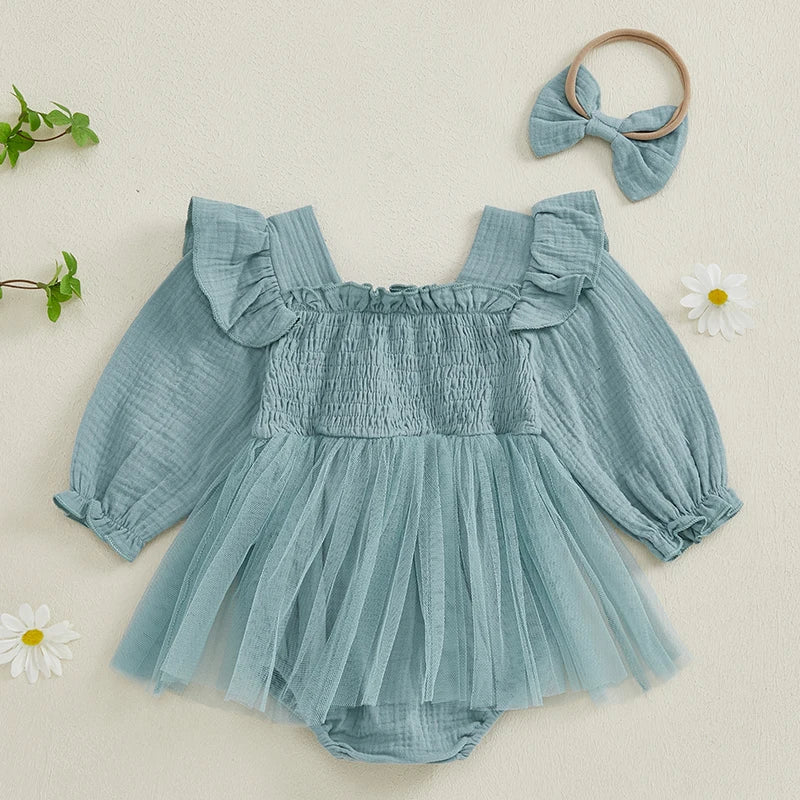 Baby Girls Letter Pattern Ruffled Mesh Romper Dresses