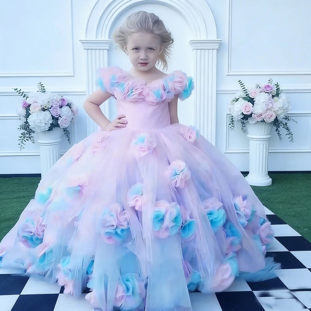 Backless Floral Long Train Girls Birthday Party Dresses