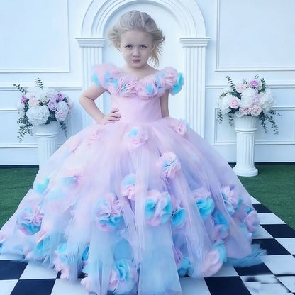 Backless Floral Long Train Girls Birthday Party Dresses