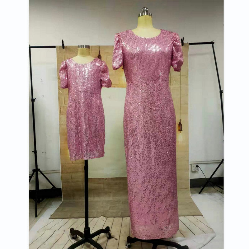 Mom And Daughter Pink Sequins Wedding Party Dresses childrensterritory