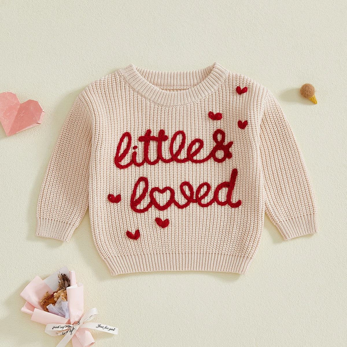 Baby Girl Heart Print Crew Neck Knitted Sweaters