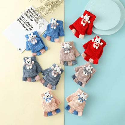 Cartoon Bunny Warm Half Finger Flip Gloves for Kids childrensterritory