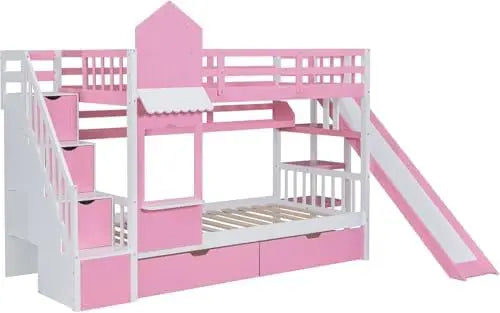 Full-Over-Full Castle Bunk Bed with Slide, Shelves, and Drawers