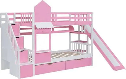 Full-Over-Full Castle Bunk Bed with Slide, Shelves, and Drawers