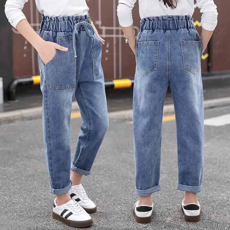 Casual High Waist Elastic Denim Pants for Girls