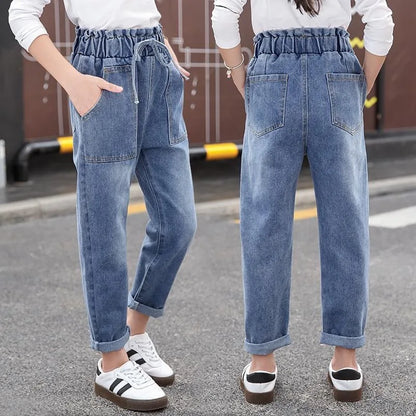 Casual High Waist Elastic Denim Pants for Girls childrensterritory