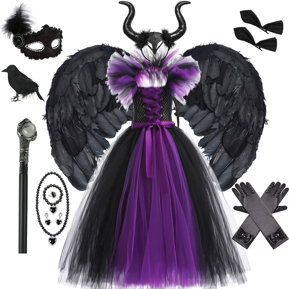 Kids Girls Demon Queen Maleficent Halloween Costume