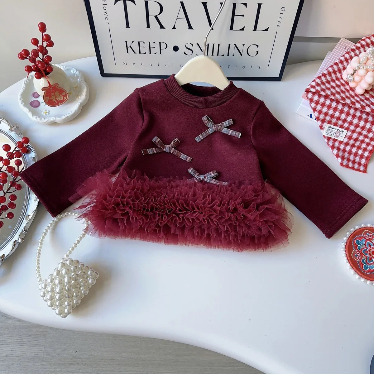 Girls' Bow Design Long-Sleeved Winter Outfit