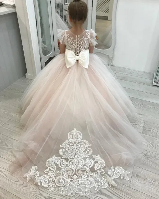 Kids Girl Long Train Floor Length Princess Ball Gown With Bow childrensterritory