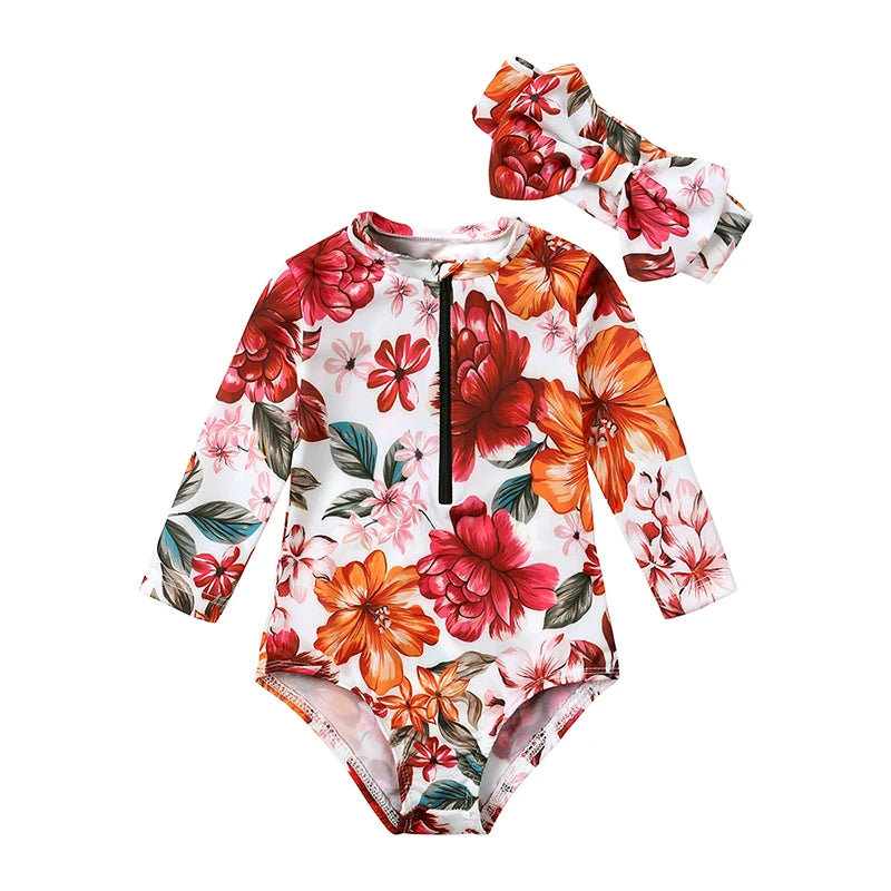 Floral Round Neck Little Girl Zipper Swimsuit