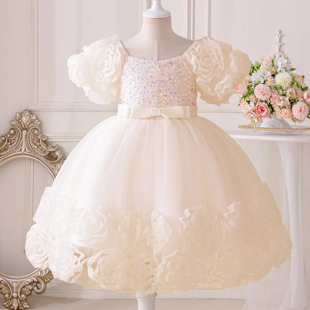 Flower Lace Design Sequins Ball Gown Party Dresses For Girls childrensterritory