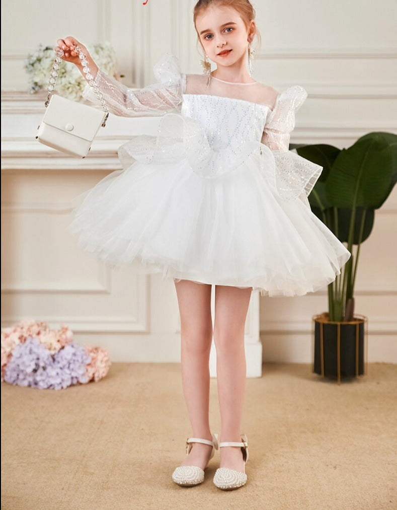Elegant Sequin White Puffy Wedding Party Dress for Girls childrensterritory