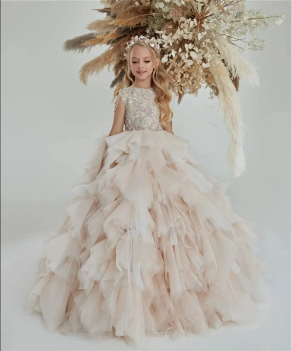 Kids Girls Puffy Long Tulle Beads Pageant Party Gown