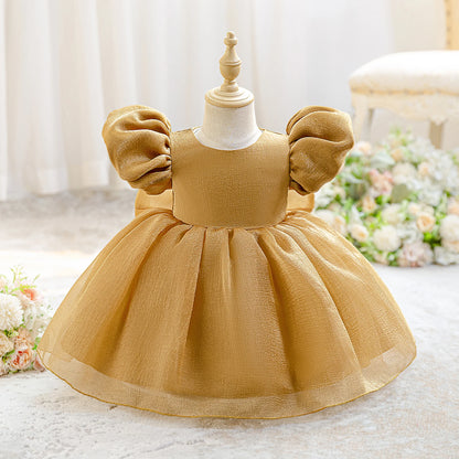 Little Girl Puff Sleeves Wedding Party Gown With Bow Puff Design