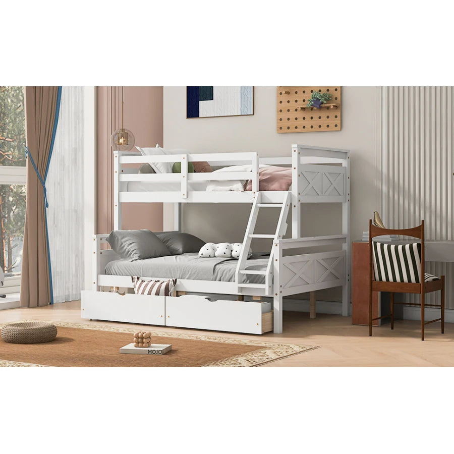 A Twin Over Bunk Bed Featuring Storage Drawers and Ladders