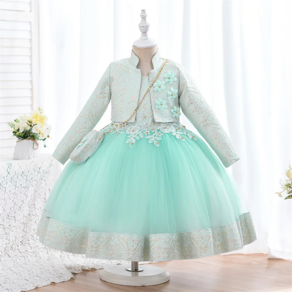 Kids Girls 3pcs/set Jacquard Pattern 3D Appliques Birthday Dresses