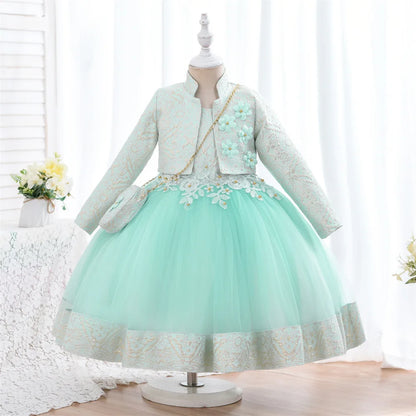 Kids Girls 3pcs/set Jacquard Pattern 3D Appliques Birthday Dresses