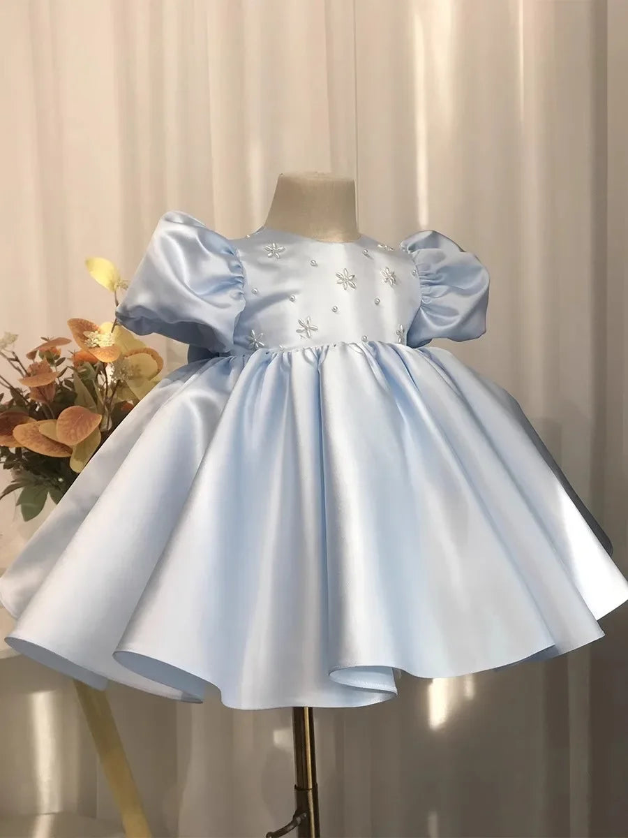 Little Girls Puff Sleeves Elegant Baptism Party Dresses