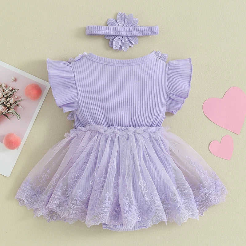 Newborn Girls Patchwork Ruffle Rompers Dress with Headband
