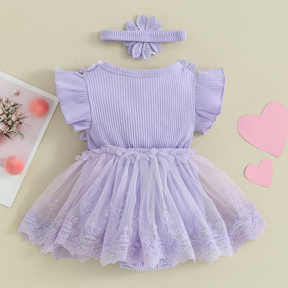 Newborn Girls Patchwork Ruffle Rompers Dress with Headband childrensterritory