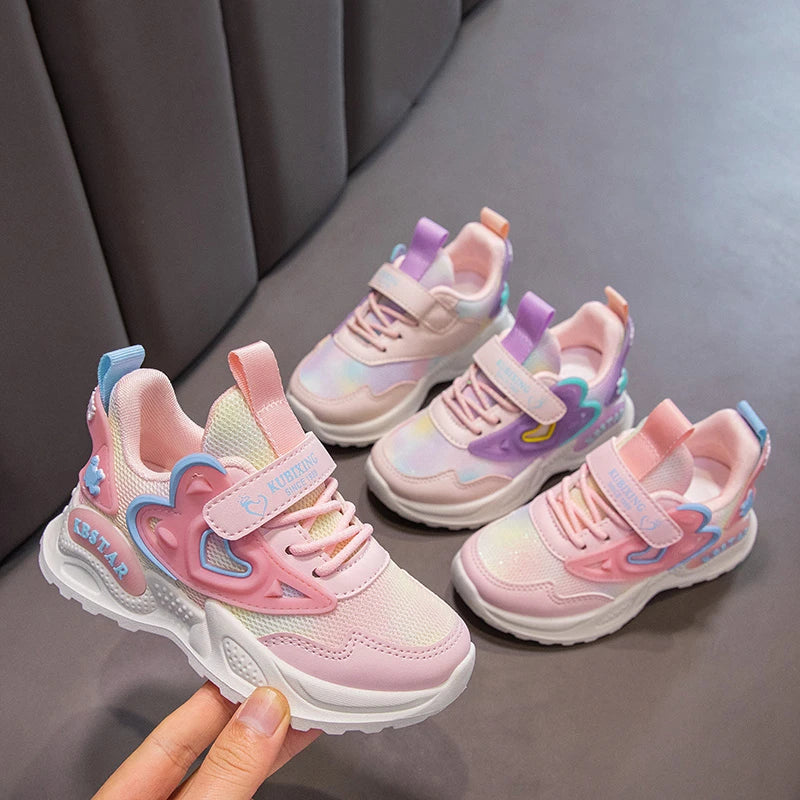 Heart-shaped Breathable Mesh Kids Girls Pink Sports Shoes