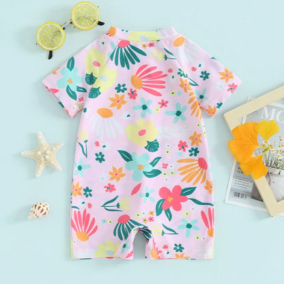 Short Sleeve Floral Print Kids Girls Rash Guard Swimsuit