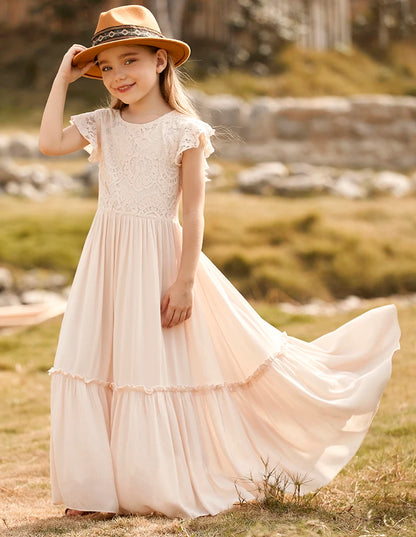 Lace Design Kids Girls Long Cotton Dresses for Summer childrensterritory