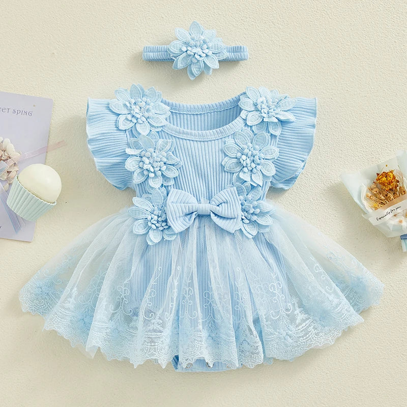 Newborn Girls Patchwork Ruffle Rompers Dress with Headband