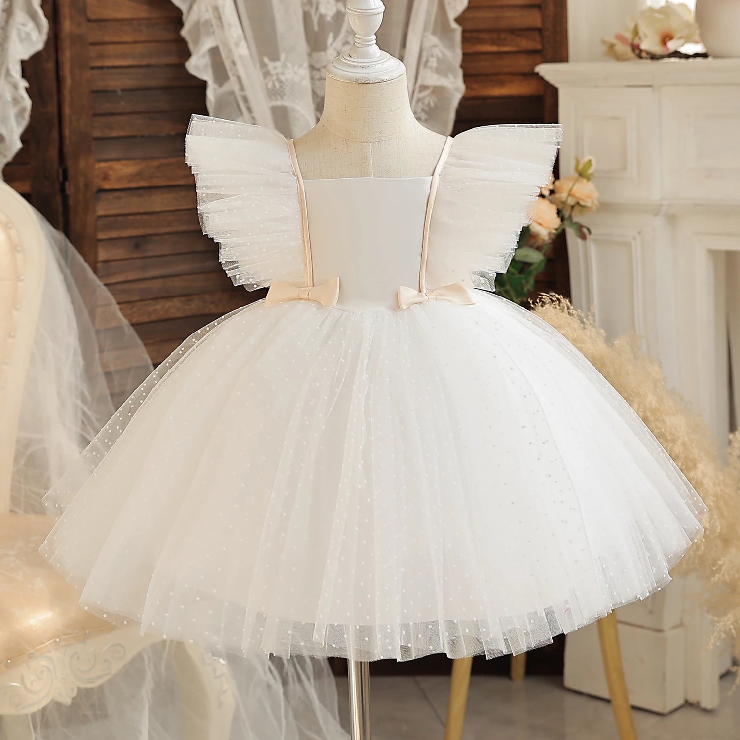 Little Girls Bow Lace Design White Baptism/Bridesmaid Dresses