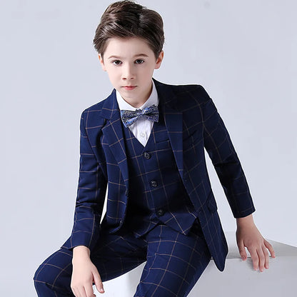 Kids Boys Top Quality Plaid Wedding Suit Formal Tuxedo