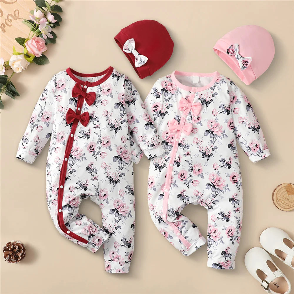 Baby Girl Long Sleeve Flower Bodysuit with Hat