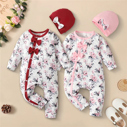 Baby Girl Long Sleeve Flower Bodysuit with Hat