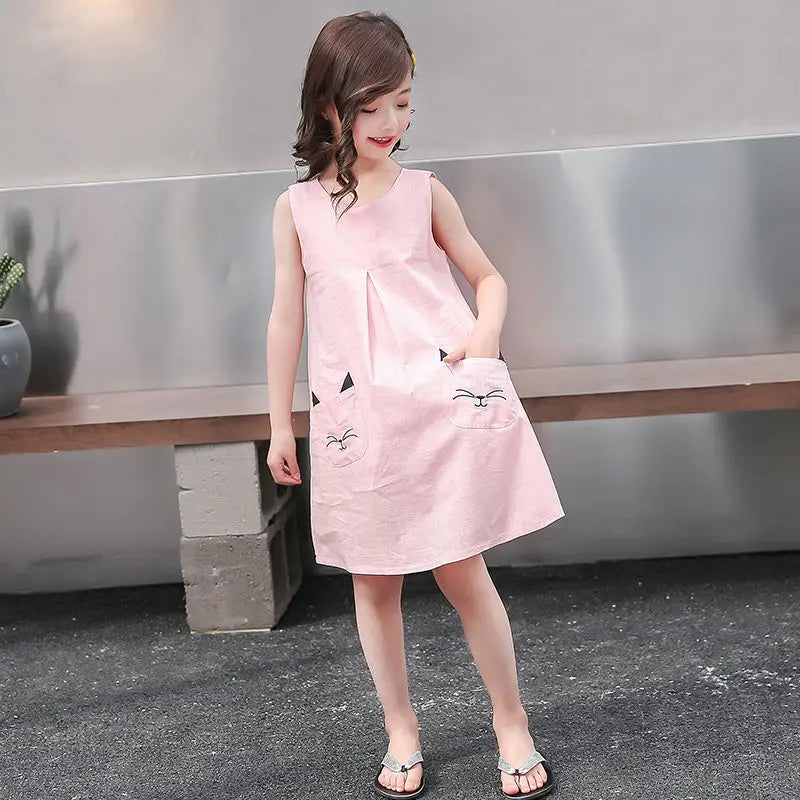 Kids Girls Sleeveless Kitty Design Summer Party Dresses