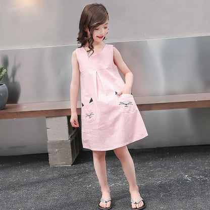 Kids Girls Sleeveless Kitty Design Summer Party Dresses