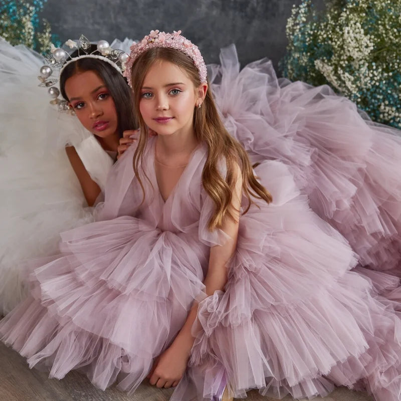Little Girls Puffy Wedding Party Pageant Gown with Long Tail